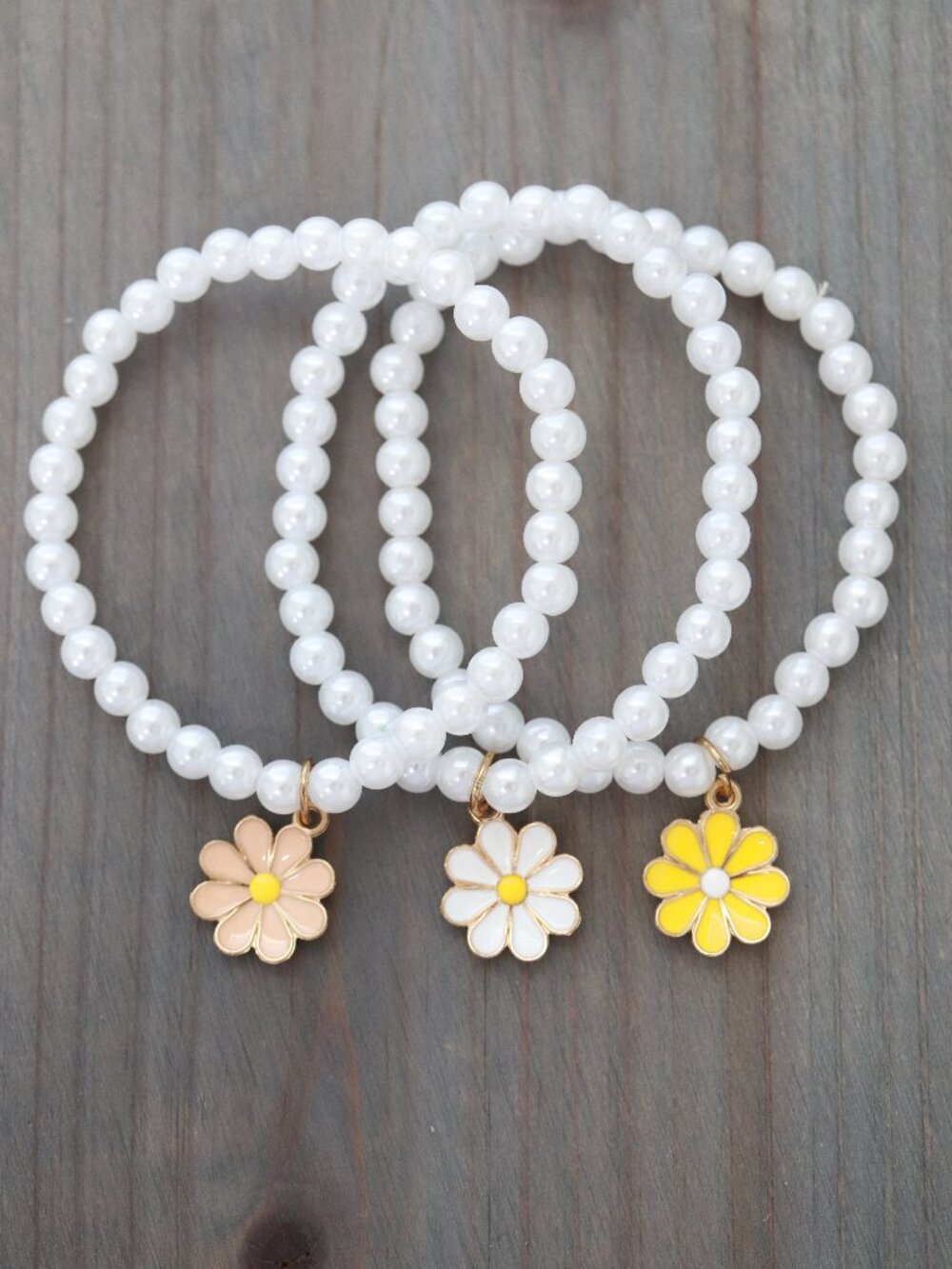 3pcs Stackable White Pearl Beads Chain with Daisy Flower Charm Bracelet
